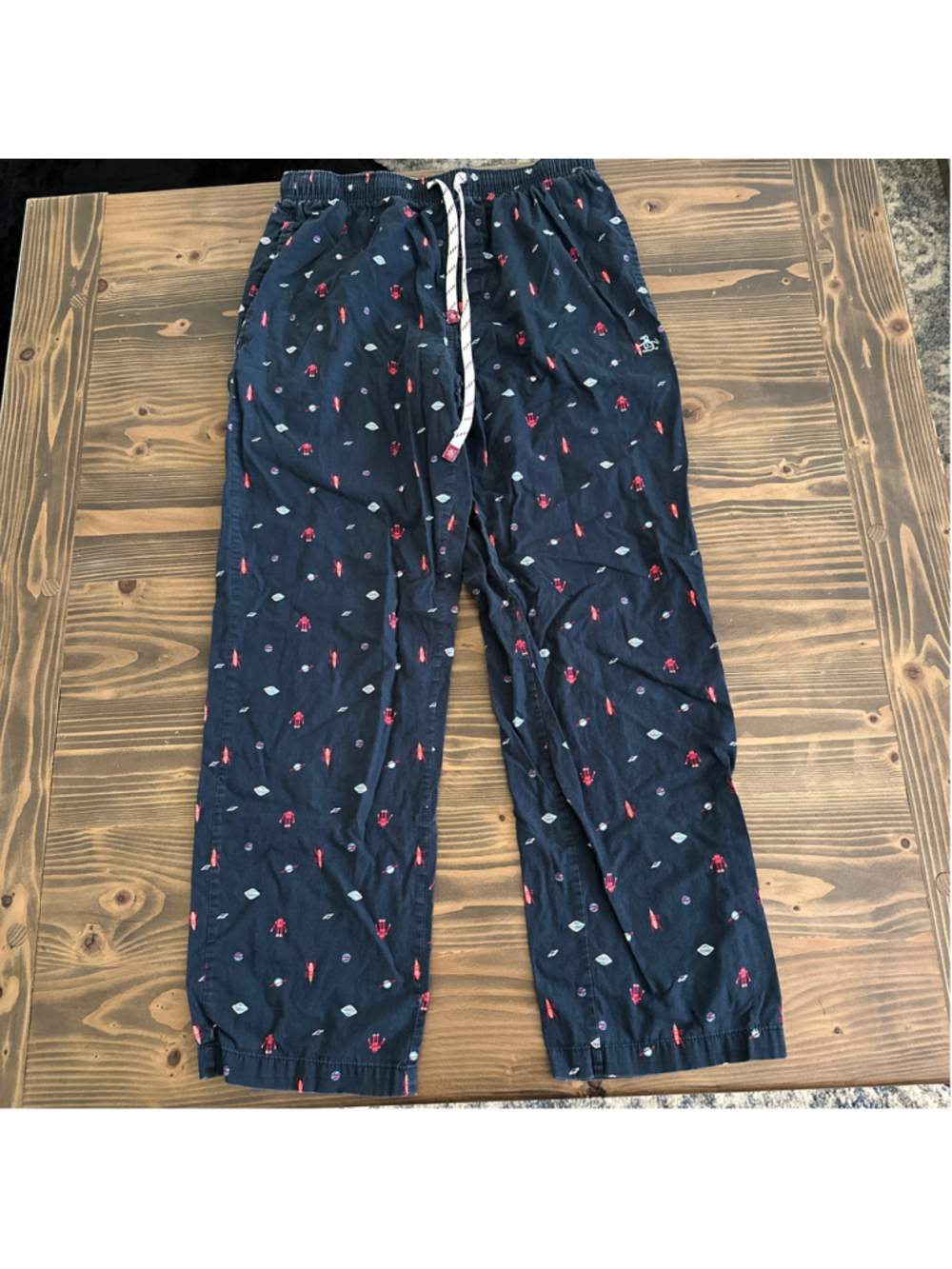 Men's Original Penguin Pajama Pants Size M Black Red Space Rocket Robot Print